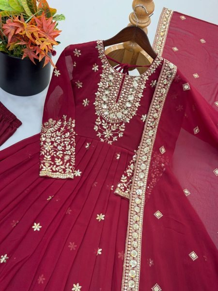 Versatile Maroon Georgette Gown with Dupatta Set Using Embroidered Work For Wedding Wear Ready To Wear Collection
