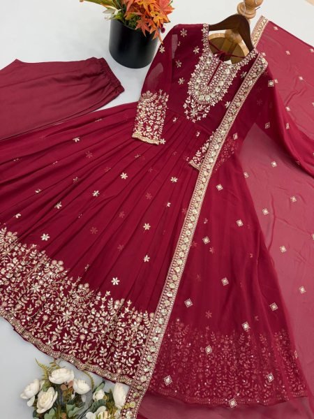 Versatile Maroon Georgette Gown with Dupatta Set Using Embroidered Work For Wedding Wear Ready To Wear Collection