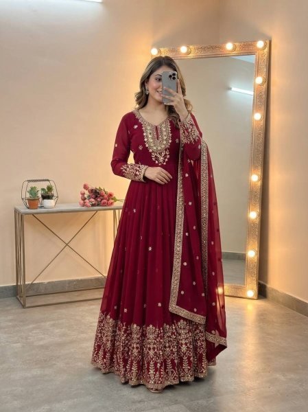 Versatile Maroon Georgette Gown with Dupatta Set Using Embroidered Work For Wedding Wear Ready To Wear Collection