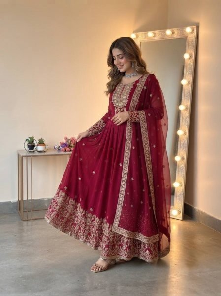 Versatile Maroon Georgette Gown with Dupatta Set Using Embroidered Work For Wedding Wear Ready To Wear Collection