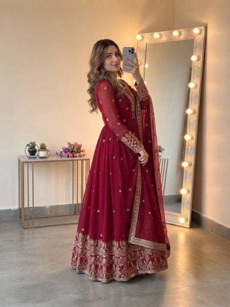 Versatile Maroon Georgette Gown with Dupatta Set Using Embroidered Work For Wedding Wear Ready To Wear Collection