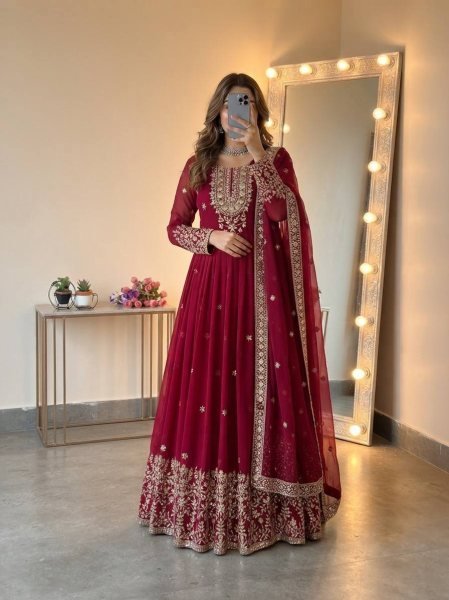 Versatile Maroon Georgette Gown with Dupatta Set Using Embroidered Work For Wedding Wear Ready To Wear Collection