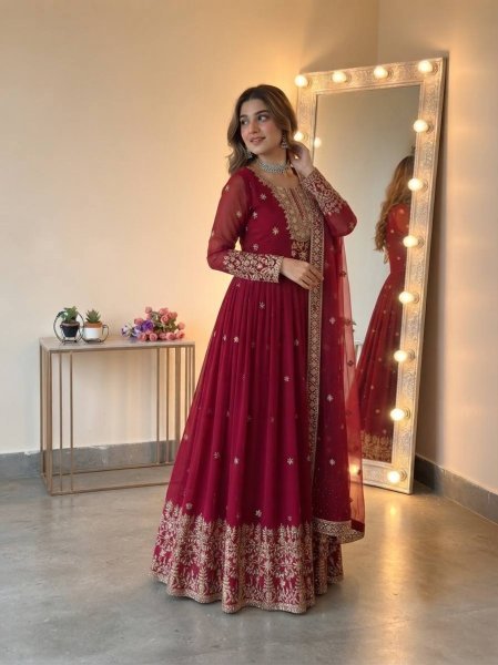 Versatile Maroon Georgette Gown with Dupatta Set Using Embroidered Work For Wedding Wear Ready To Wear Collection