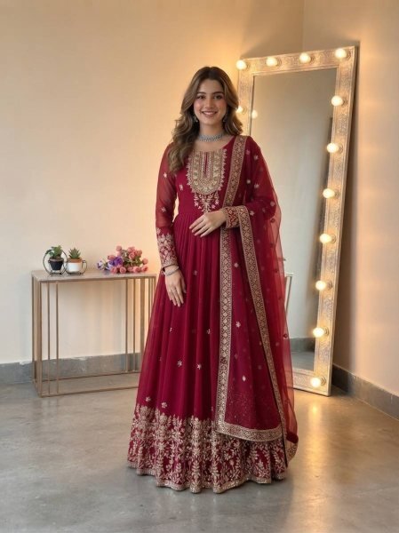 Versatile Maroon Georgette Gown with Dupatta Set Using Embroidered Work For Wedding Wear Ready To Wear Collection