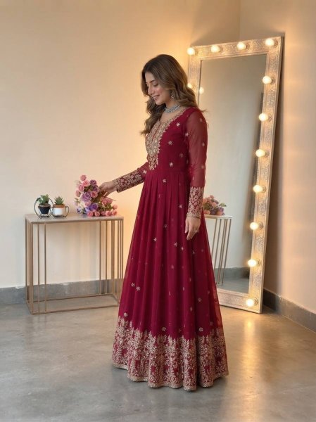 Versatile Maroon Georgette Gown with Dupatta Set Using Embroidered Work For Wedding Wear Ready To Wear Collection