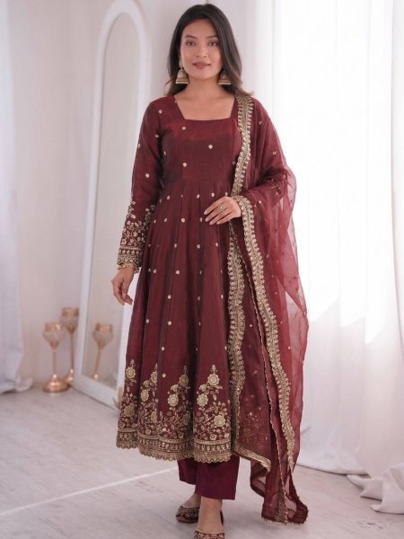 Versatile Maroon Premium Party Wear Silk Gown Set for Women with Heavy Work Ready To Wear Suit