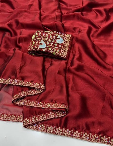 Versatile Maroon Sequence Embroidered Rangoli Saree With Unstitch Blouse Embroidery Sarees Wholesale