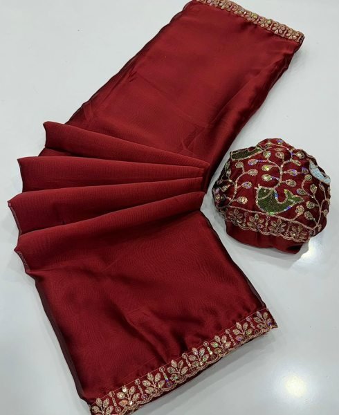 Versatile Maroon Sequence Embroidered Rangoli Saree With Unstitch Blouse Embroidery Sarees Wholesale