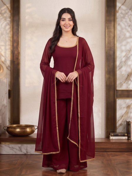 Versatile Maroon Soft Georgette 90s Style Palazzo Dress Set with Gold Lace Dupatta