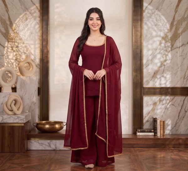 Versatile Maroon Soft Georgette 90s Style Palazzo Dress Set with Gold Lace Dupatta Georgette Kurti 