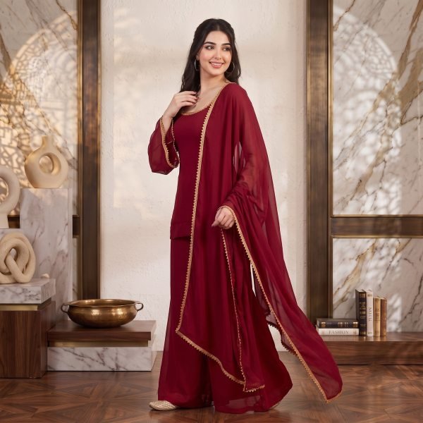 Versatile Maroon Soft Georgette 90s Style Palazzo Dress Set with Gold Lace Dupatta Georgette Kurti 