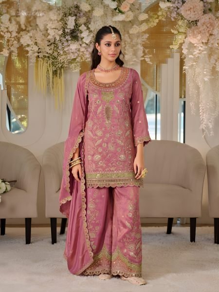 Versatile Mauve Dola Silk Top and Palazzo Set with Embroidered Detailing for Wedding Salwar Kameez