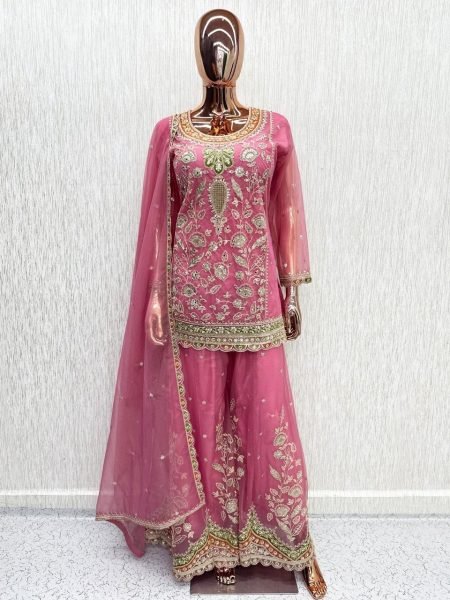 Versatile Mauve Dola Silk Top and Palazzo Set with Embroidered Detailing for Wedding Designer Plazzo Salwar Suits Wholesale