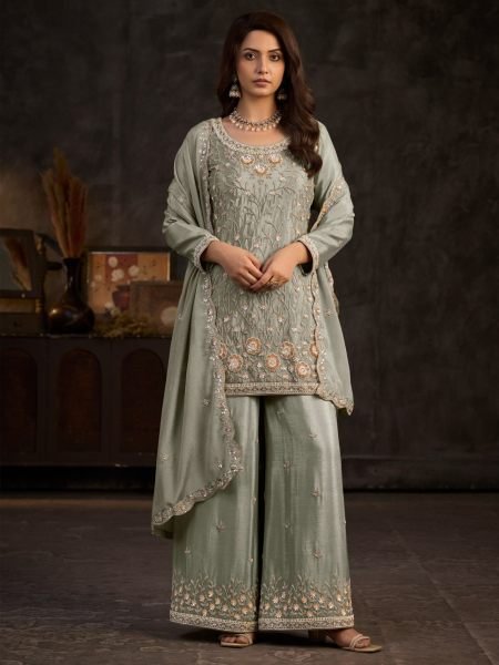 Versatile Mint Green Designer Chinon Top Palazzo with Matching Dupatta  