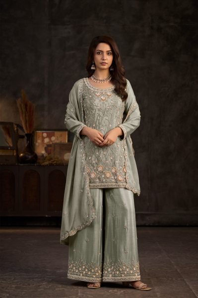 Versatile Mint Green Designer Chinon Top Palazzo with Matching Dupatta  Designer Plazzo Salwar Suits Wholesale