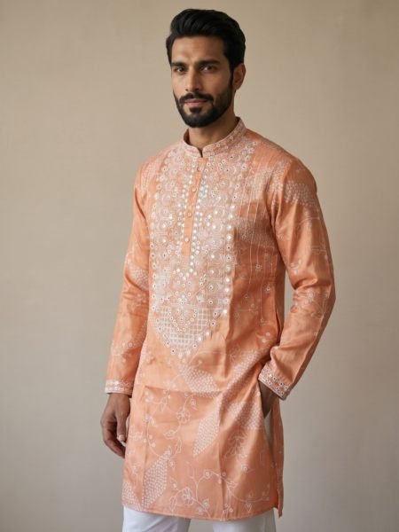 Versatile Orange Shimmer Silk Men’s Kurta with Semi Cotton Chudidar at Manufacturer Rate 