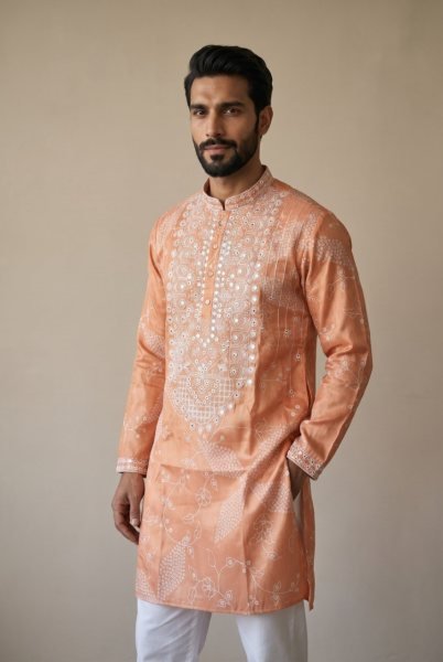 Versatile Orange Shimmer Silk Men’s Kurta with Semi Cotton Chudidar at Manufacturer Rate Kurta Pajama Wholesale