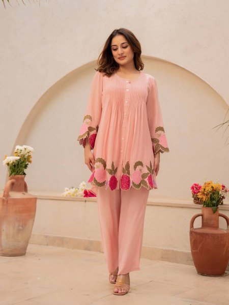 Versatile Peach Chanderi Silk Embroidered Co Ord Set for Office and Casual Wear Kurtis