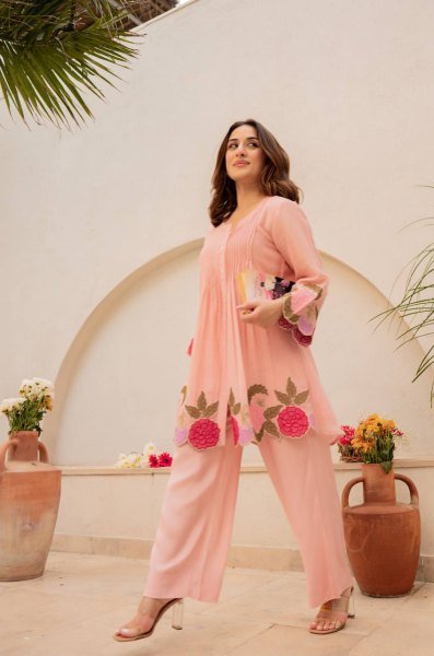 Versatile Peach Chanderi Silk Embroidered Co Ord Set for Office and Casual Wear CO ORD Sets