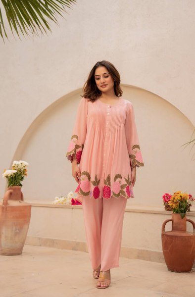 Versatile Peach Chanderi Silk Embroidered Co Ord Set for Office and Casual Wear CO ORD Sets