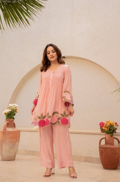 Versatile Peach Chanderi Silk Embroidered Co Ord Set for Office and Casual Wear CO ORD Sets