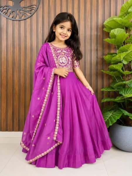 Versatile Pink Designer Kids Gown with Hand Work and Heavy Embroidery For Wedding Wear Kurtis