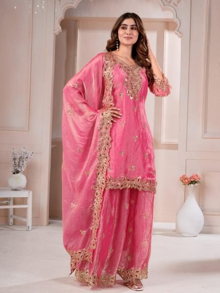 Versatile Pink Fendy Silk Sharara Suit with Sequin Embroidery and Boring Work 