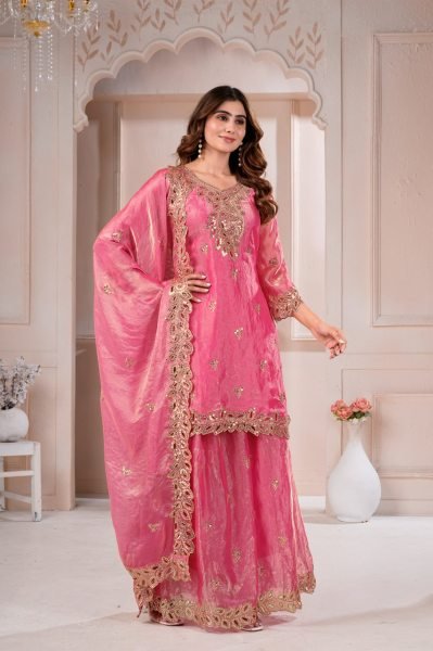 Versatile Pink Fendy Silk Sharara Suit with Sequin Embroidery and Boring Work Ready To Wear Collection