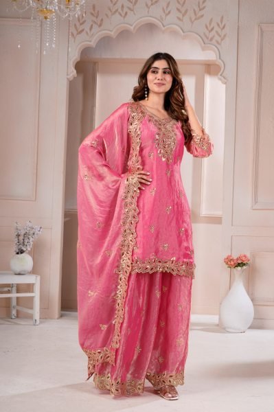 Versatile Pink Fendy Silk Sharara Suit with Sequin Embroidery and Boring Work Ready To Wear Collection