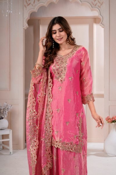 Versatile Pink Fendy Silk Sharara Suit with Sequin Embroidery and Boring Work Ready To Wear Collection