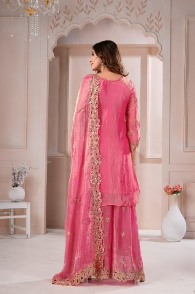 Versatile Pink Fendy Silk Sharara Suit with Sequin Embroidery and Boring Work Ready To Wear Collection