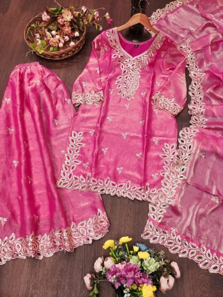 Versatile Pink Fendy Silk Sharara Suit with Sequin Embroidery and Boring Work Ready To Wear Collection