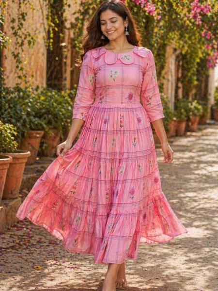 Versatile Pink Muslin Silk Kurti with Gingham Print and Puff Sleeves Kurtis