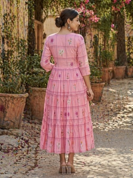 Versatile Pink Silk Kurti with Gingham Print and Puff Sleeves Western Ladies Top Wholesale