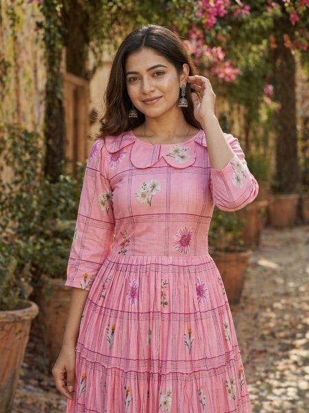 Versatile Pink Silk Kurti with Gingham Print and Puff Sleeves Western Ladies Top Wholesale