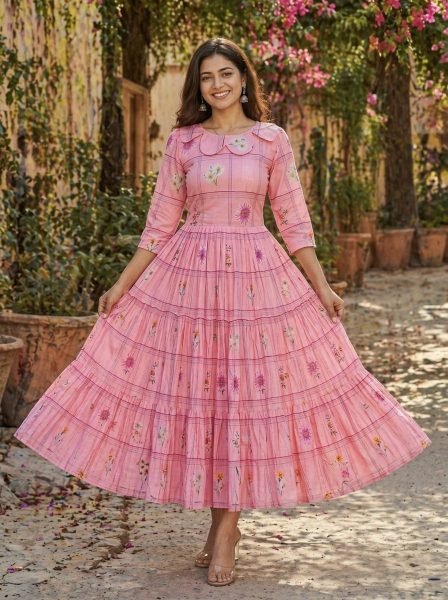 Versatile Pink Silk Kurti with Gingham Print and Puff Sleeves Western Ladies Top Wholesale