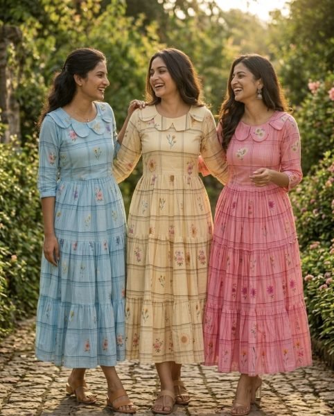 Versatile Pink Silk Kurti with Gingham Print and Puff Sleeves Western Ladies Top Wholesale