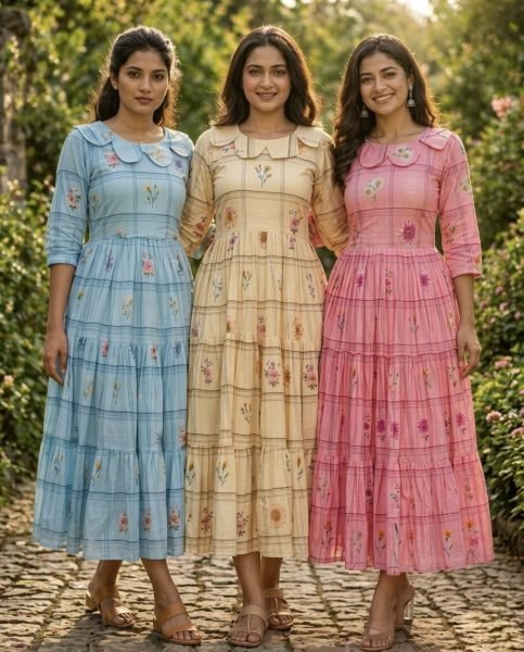 Versatile Pink Silk Kurti with Gingham Print and Puff Sleeves Western Ladies Top Wholesale