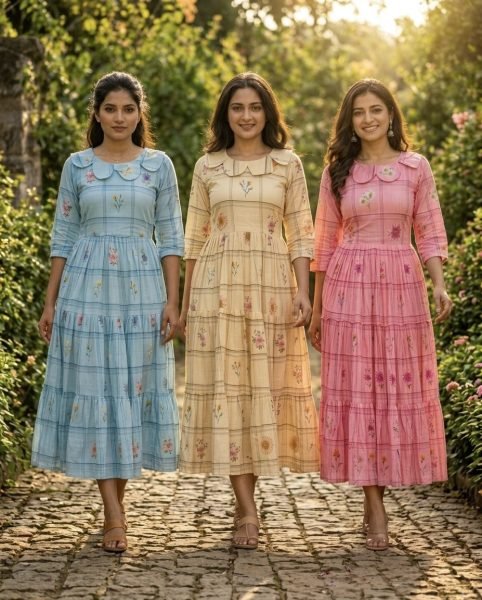 Versatile Pink Silk Kurti with Gingham Print and Puff Sleeves Western Ladies Top Wholesale