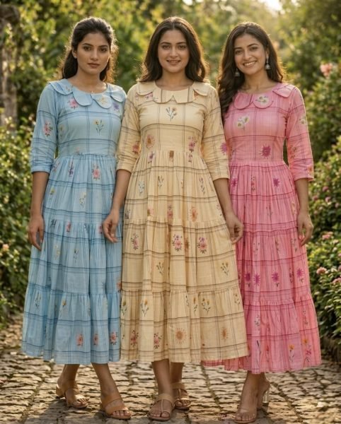 Versatile Pink Silk Kurti with Gingham Print and Puff Sleeves Western Ladies Top Wholesale