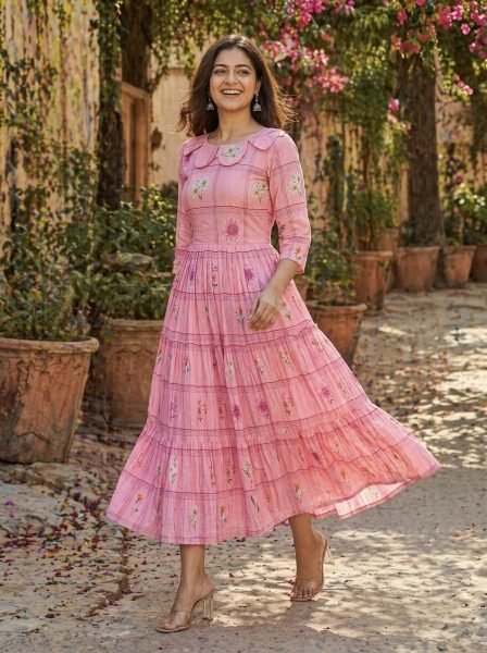 Versatile Pink Silk Kurti with Gingham Print and Puff Sleeves Western Ladies Top Wholesale