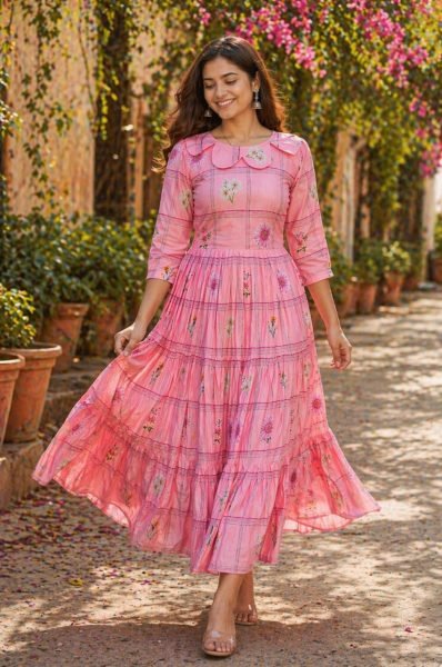Versatile Pink Silk Kurti with Gingham Print and Puff Sleeves Western Ladies Top Wholesale