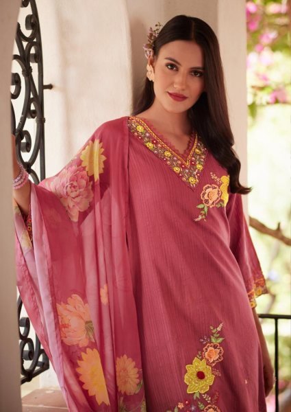 Versatile Pink Pure Cotton Kurti Pant Set with Organza Tabby Dupatta and Digital Print Design Pakistani Suits Wholesale