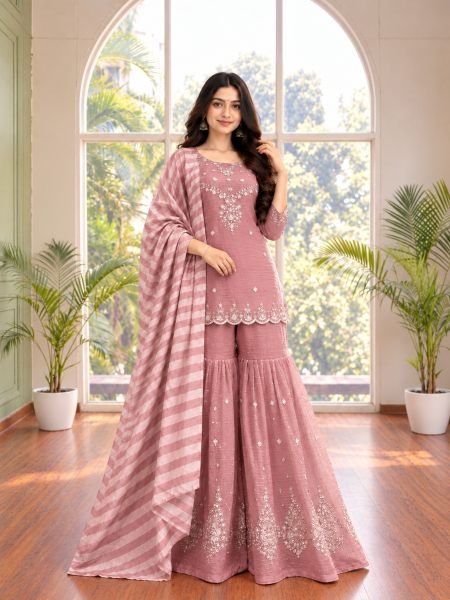 Versatile Pink Salsa Silk Embroidered Top with Matching Sharara and Dupatta at Manufacturer  Ready To Wear Suit
