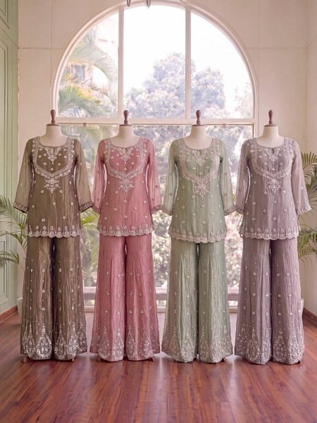 Versatile Pink Salsa Silk Embroidered Top with Matching Sharara and Dupatta at Manufacturer  Ready To Wear Collection