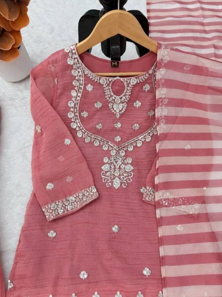 Versatile Pink Salsa Silk Embroidered Top with Matching Sharara and Dupatta at Manufacturer  Ready To Wear Collection