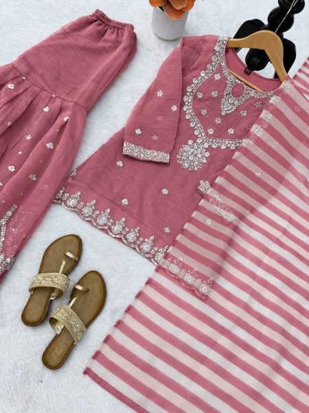 Versatile Pink Salsa Silk Embroidered Top with Matching Sharara and Dupatta at Manufacturer  Ready To Wear Collection