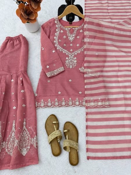 Versatile Pink Salsa Silk Embroidered Top with Matching Sharara and Dupatta at Manufacturer  Ready To Wear Collection