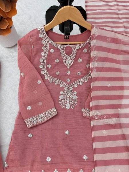 Versatile Pink Salsa Silk Embroidered Top with Matching Sharara and Dupatta at Manufacturer  Ready To Wear Collection