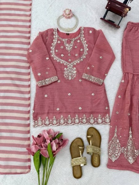 Versatile Pink Salsa Silk Embroidered Top with Matching Sharara and Dupatta at Manufacturer  Ready To Wear Collection
